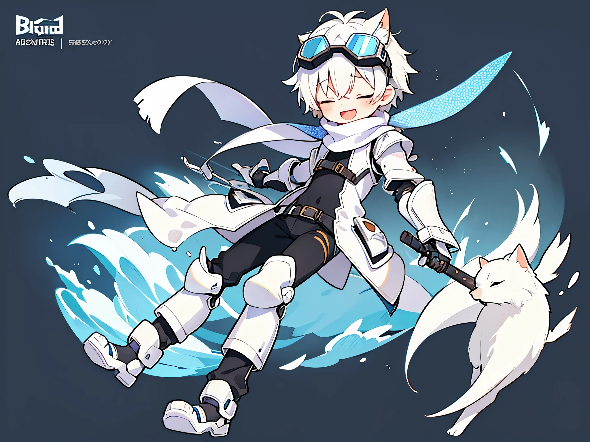 ((1 boy))，solo，illustration，wolf ears，((blue ski goggles on head)) , Open your mouth，close one eye,(transparent background)，(Blue and white full body mechanical armor)，turtleneck bodysuit，scarf，white boots, anatomically correct，forward bend