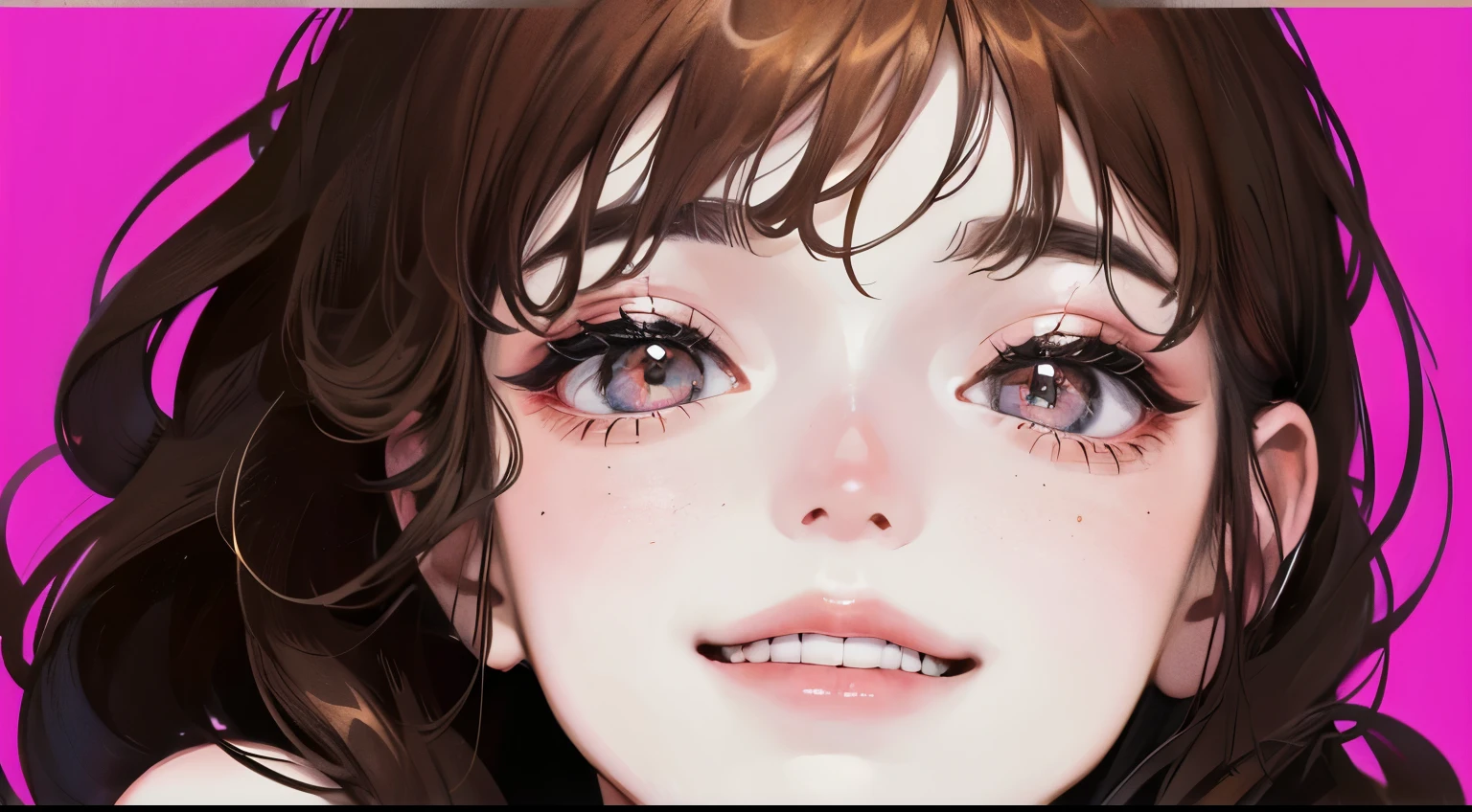 (((one girl)))、Masterpiece,best quality, (((solid color background))), (((pop、colorful)))、、determined expression, upper body diagram、((Smile))、 (highest resolution、clear_image)、best quality、contrast of light and shadow、((illumination))、very detailed、semi-realistic、Perm hairstyle、brown hair、bangs、19 years old、 Lady,,young、((View from top))、delicate facial features facial features