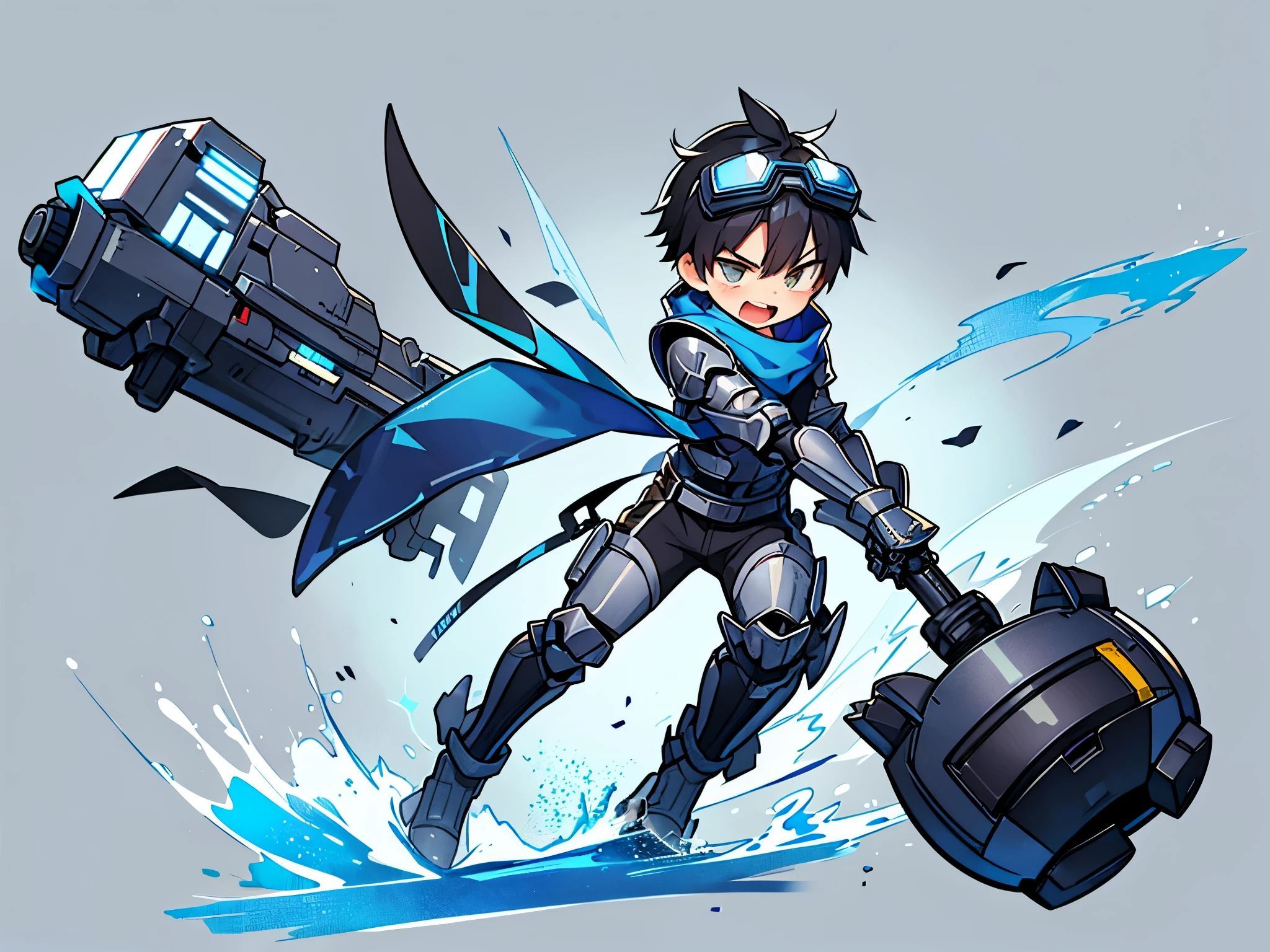 ((1 boy))，solo，illustration，wolf ears，((blue ski goggles on head)) , Open your mouth，angry ,(transparent background)，(Blue and white full body mechanical armor)，turtleneck bodysuit，scarf，white boots, anatomically correct，forward bend