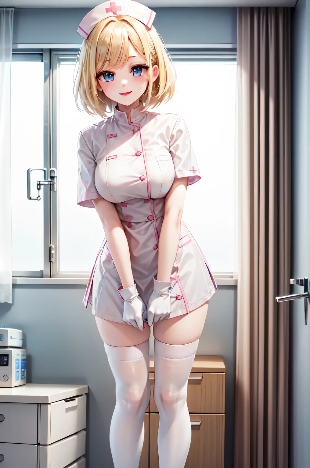 1woman, solo, nurse, white nurse cap, white nurse uniform, ((white legwear, zettai ryouiki)), white gloves, blonde hair, blue eyes, pink lips, smile, standing, ((hospital room)), sharp outline, short sleeves, mature female, 35 years old, best quality, masterpiece