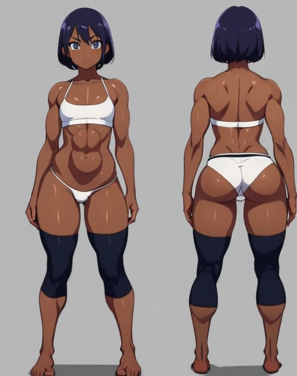 Anime boy, skimpy clothes, barefoot, feet visible, slightly muscular, dark skin, front and back, big ass, small waist