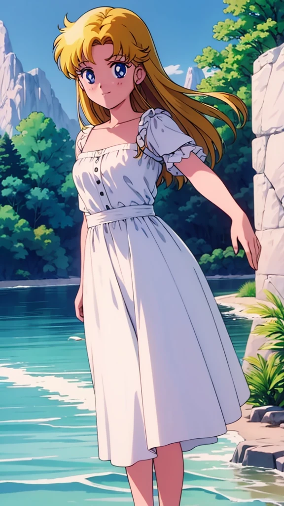 1990s \(style\), masterpiece, best quality, highres, outdoors, small breasts, 1 girl, Solo, UsagiTsukino, Blue Eyes, Beautiful Detail Eyes, Yellow Medium Hair, Straight Hair, Good hands are down, Smile, Blushing, Bare Neck, Bare Shoulders, strapless, White Ruffle Off-the-Shoulder maxi dress. Cowboy shot. A landscape of blue skies, a mountain, a far away mansion, a lake and a green valley. In the center. Walking in bare feets.