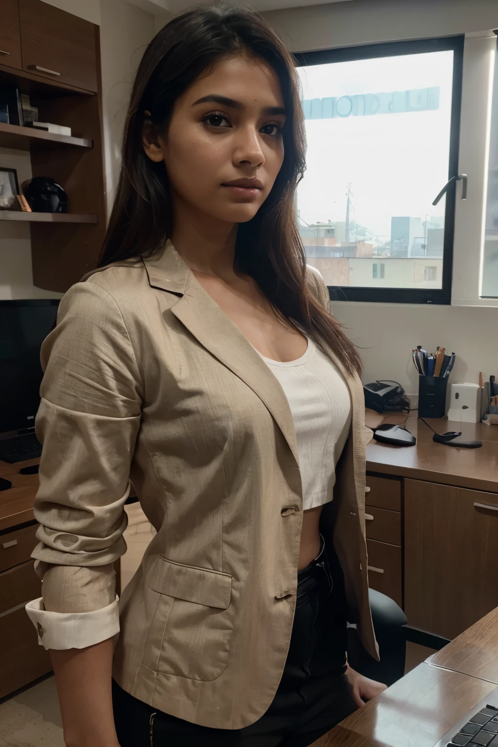 young Indian girl, 24-year-old, gentle sunlighting on the face , office working mood , blazer Business Professional attire, office girl working, intricate facial details, full body picture, cinematic pose flawless complexion, top-notch 3D rendering, hyper-realistic, shot on Indian office environment with macbook apple computer in the background. photorealistic digital art trending on Artstation 8k HD high definition detailed realistic, detailed, skin texture, hyper detailed, realistic skin texture, armature, best quality, ultra high res, (photorealistic:1.4),, high resolution, detailed, raw photo, 400 camera f1.6 lens rich colors hyper realistic lifelike texture dramatic lighting unrealengine trending on artstation cinestill 800, make her look decent