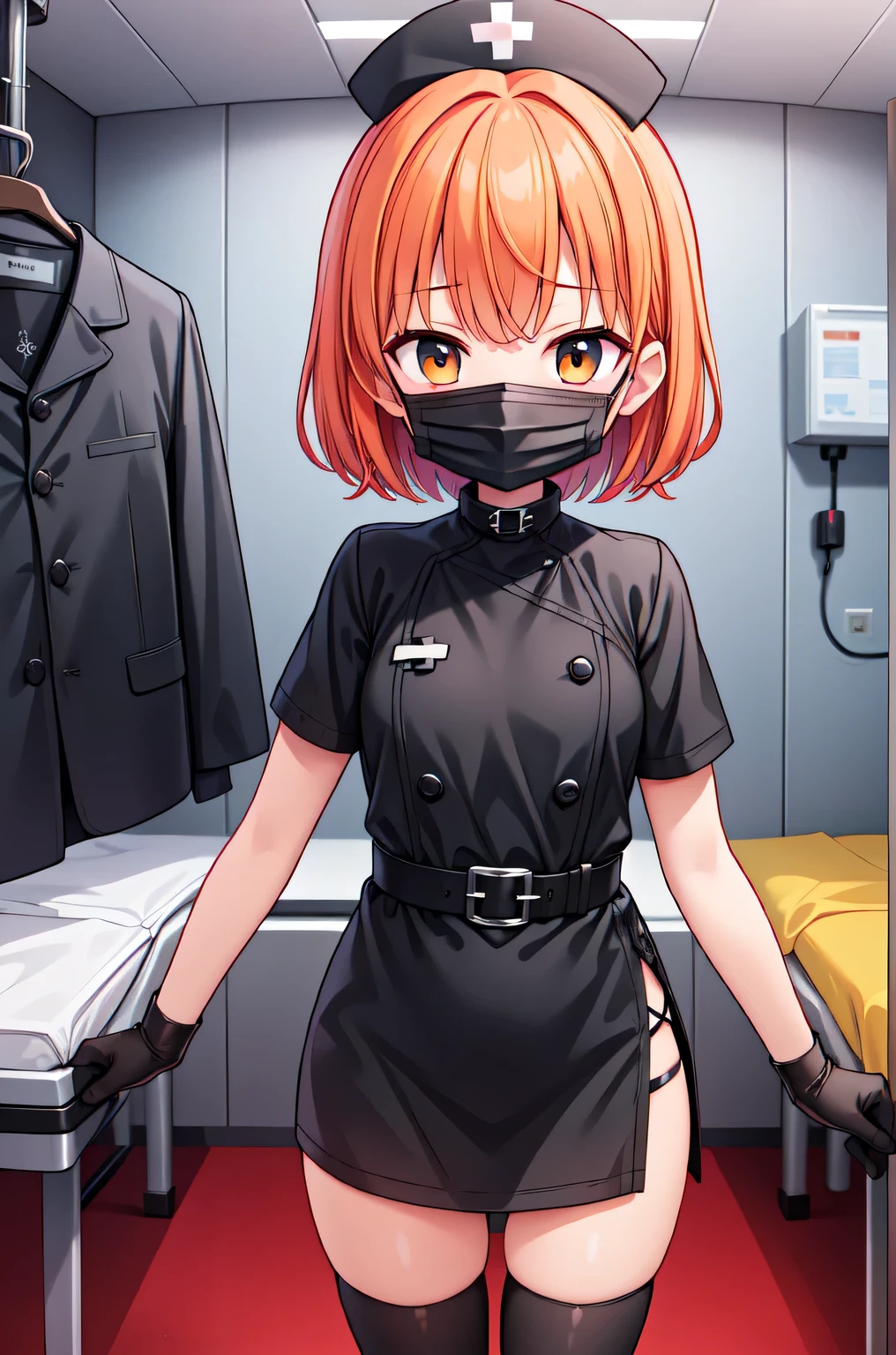 black nurse, 1girl, solo, black nurse cap, black nurse uniform, ((black legwear, zettai ryouiki)), black elbow gloves, very short hair, orange hair, ((black surgical mask, covered nose)), standing, ((surgery room)), sharp outline, short sleeves, tomboy, boyish, best quality, masterpiece