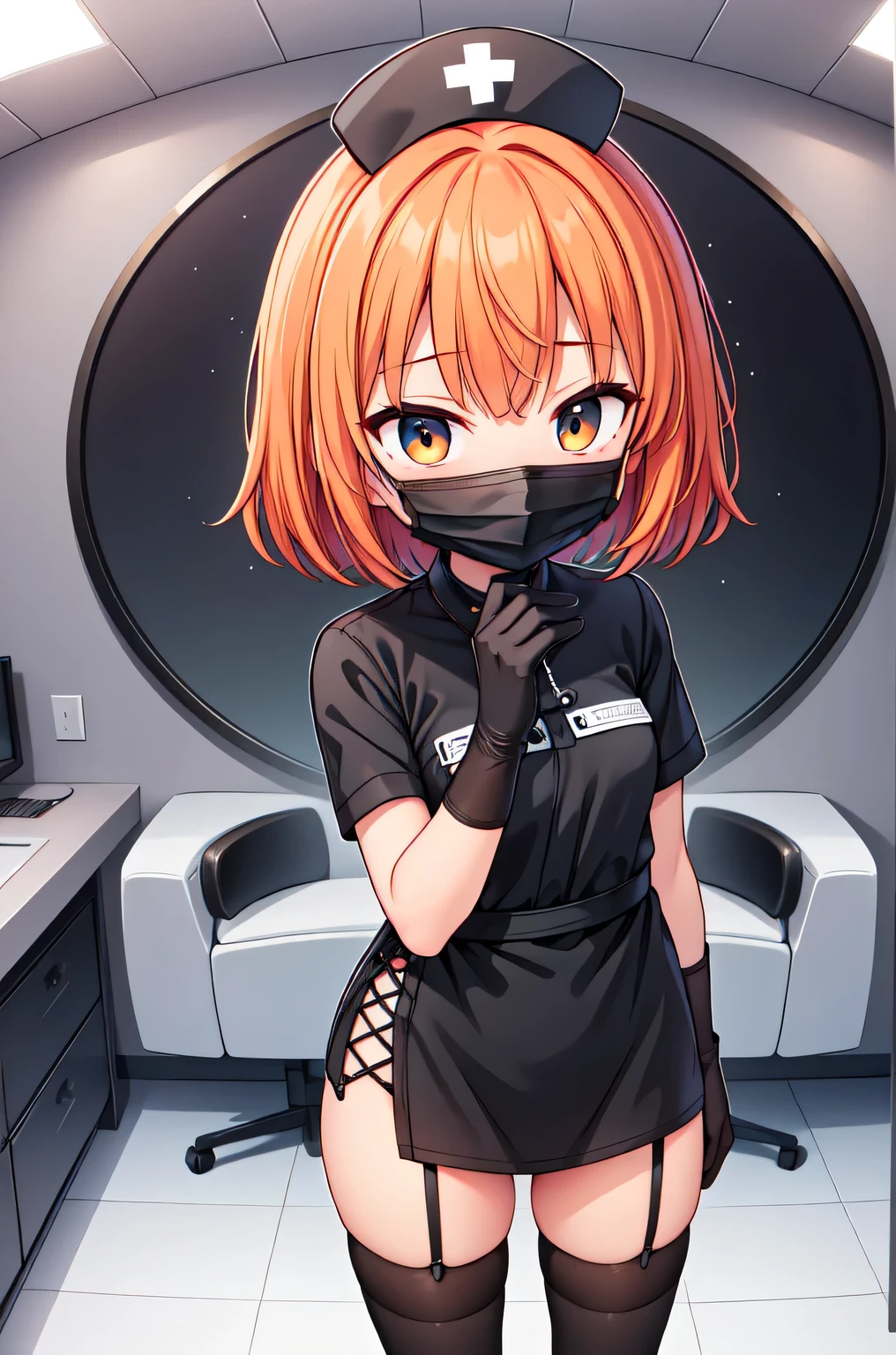 black nurse, 1girl, solo, black nurse cap, black nurse uniform, ((black legwear, zettai ryouiki)), black elbow gloves, very short hair, orange hair, ((black surgical mask, covered nose)), standing, ((surgery room)), sharp outline, short sleeves, tomboy, boyish, best quality, masterpiece