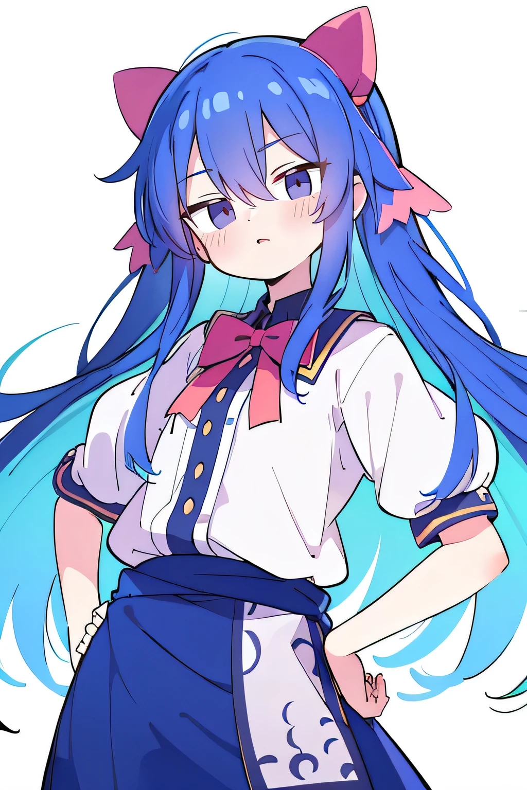 (masterpiece),best quality, expressive eyes, perfect face, 1girl,
 Put your hands on your waist,fair, Gorgeous,Japanese cartoons,girl,lola,Hina Angel, blue hair, blue haired, floating clothes,Grab your waist, Grab your waist, hands on hips , hands on hips,flat chest