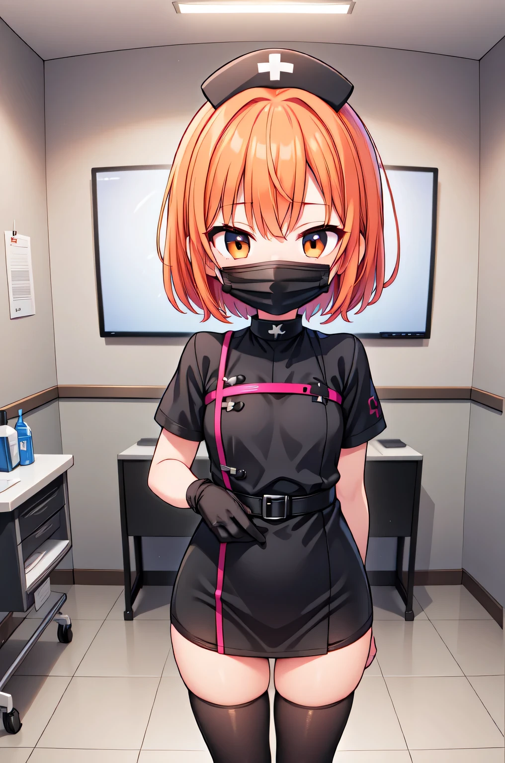 black nurse, 1girl, solo, black nurse cap, black nurse uniform, ((black legwear, zettai ryouiki)), black elbow gloves, very short hair, orange hair, ((black surgical mask, covered nose)), standing, ((surgery room)), sharp outline, short sleeves, tomboy, boyish, best quality, masterpiece