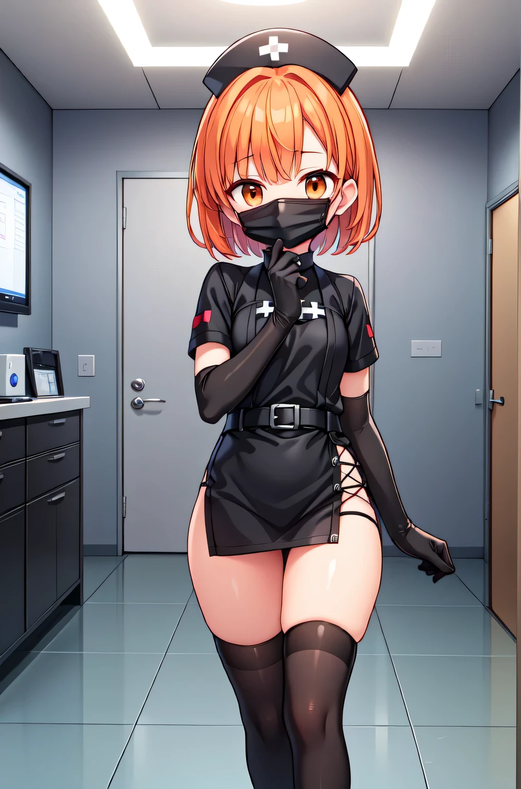 black nurse, 1girl, solo, black nurse cap, black nurse uniform, ((black legwear, zettai ryouiki)), black elbow gloves, very short hair, orange hair, ((black surgical mask, covered nose)), standing, ((surgery room)), sharp outline, short sleeves, tomboy, boyish, best quality, masterpiece