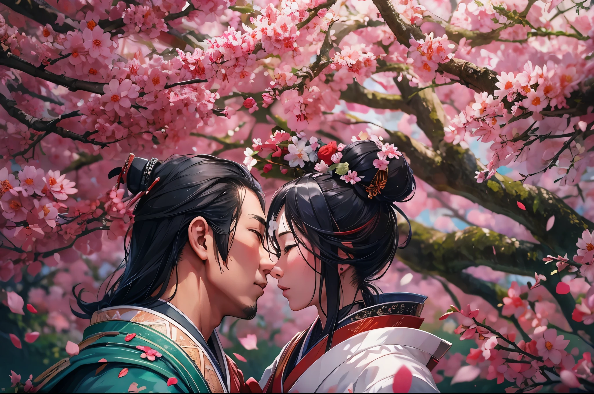 A samurai and a geisha kissing in a garden,illustration,beautiful detailed eyes,beautiful detailed lips,extremely detailed eyes and face,long eyelashes,traditional Japanese garden with meticulously trimmed bonsai trees,falling cherry blossom petals,serene atmosphere,(best quality,4k,8k,highres,masterpiece:1.2),ultra-detailed,(realistic,photorealistic,photo-realistic:1.37),vibrant colors,soft sunlight,peaceful ambiance,subtle shadows