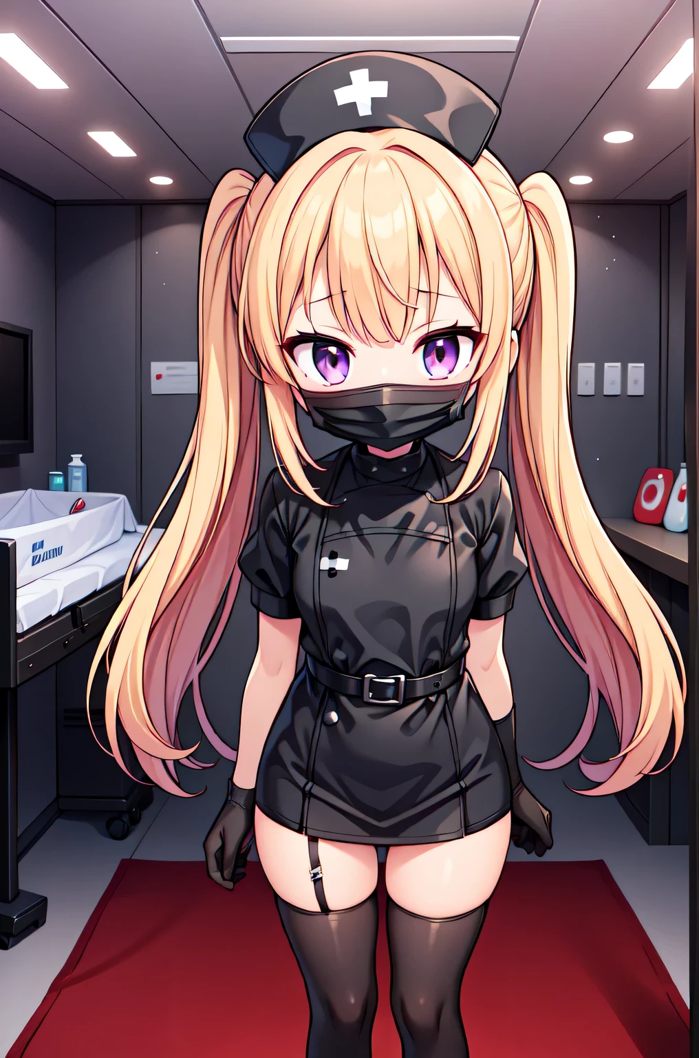 black nurse, 1girl, solo, black nurse cap, black nurse uniform, ((black legwear, zettai ryouiki)), black elbow gloves, twintails, yellow hair, purple eyes, ((black surgical mask, covered nose)), standing, ((surgery room)), sharp outline, short sleeves, best quality, masterpiece