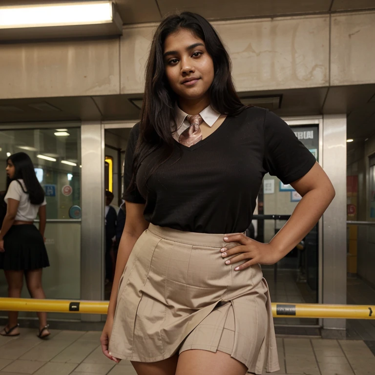 14 year old, female, Indian, light brown skin, straight short black hair, dense long black pubic hair, big expressive eyes, light brown pupil, mischievous laugh, very fat body, big fat belly, big fat thighs, skirt, formal shirt, neck tie, standing, metro station