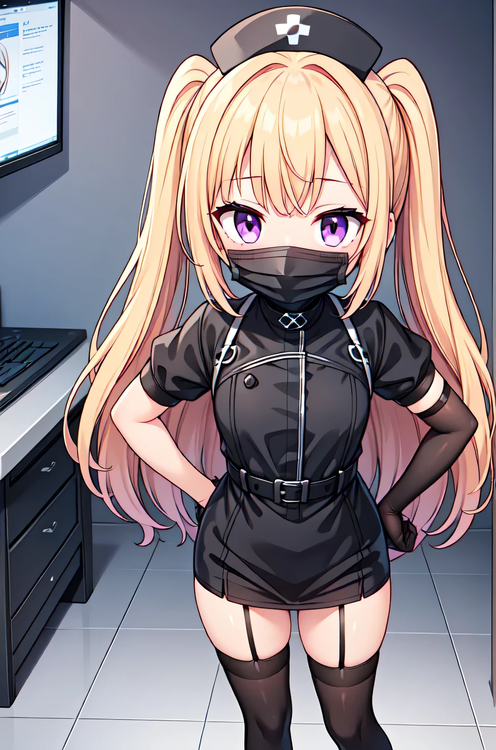 black nurse, 1girl, solo, black nurse cap, black nurse uniform, ((black legwear, zettai ryouiki)), black elbow gloves, twintails, yellow hair, purple eyes, ((black surgical mask, covered nose)), standing, ((surgery room)), sharp outline, short sleeves, best quality, masterpiece