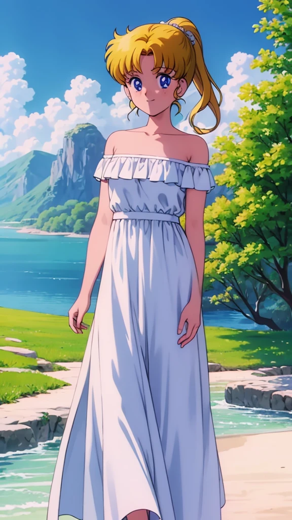1990s \(style\), masterpiece, best quality, highres, outdoors, small breasts, 1 girl, Solo, UsagiTsukino, Blue Eyes, Beautiful Detail Eyes, Yellow Medium Hair, Straight Hair, Good hands are down, Smile, Blushing, Bare Neck, Bare Shoulders, strapless, White Ruffle Off-the-Shoulder maxi dress. Cowboy shot. A landscape of blue skies, a mountain, a far away mansion, a lake and a green valley. In the center. Walking in bare feets.