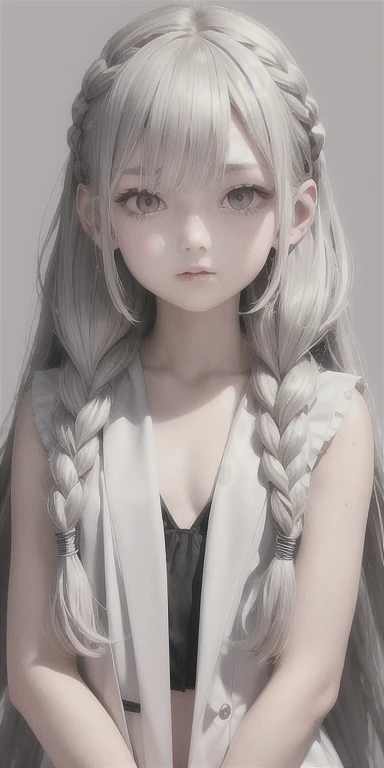 highest quality, masterpiece,gray hair, gold eyes,white clothes, look up, Upper body,bundle of hair,Fair skin,side braids,school swimwear