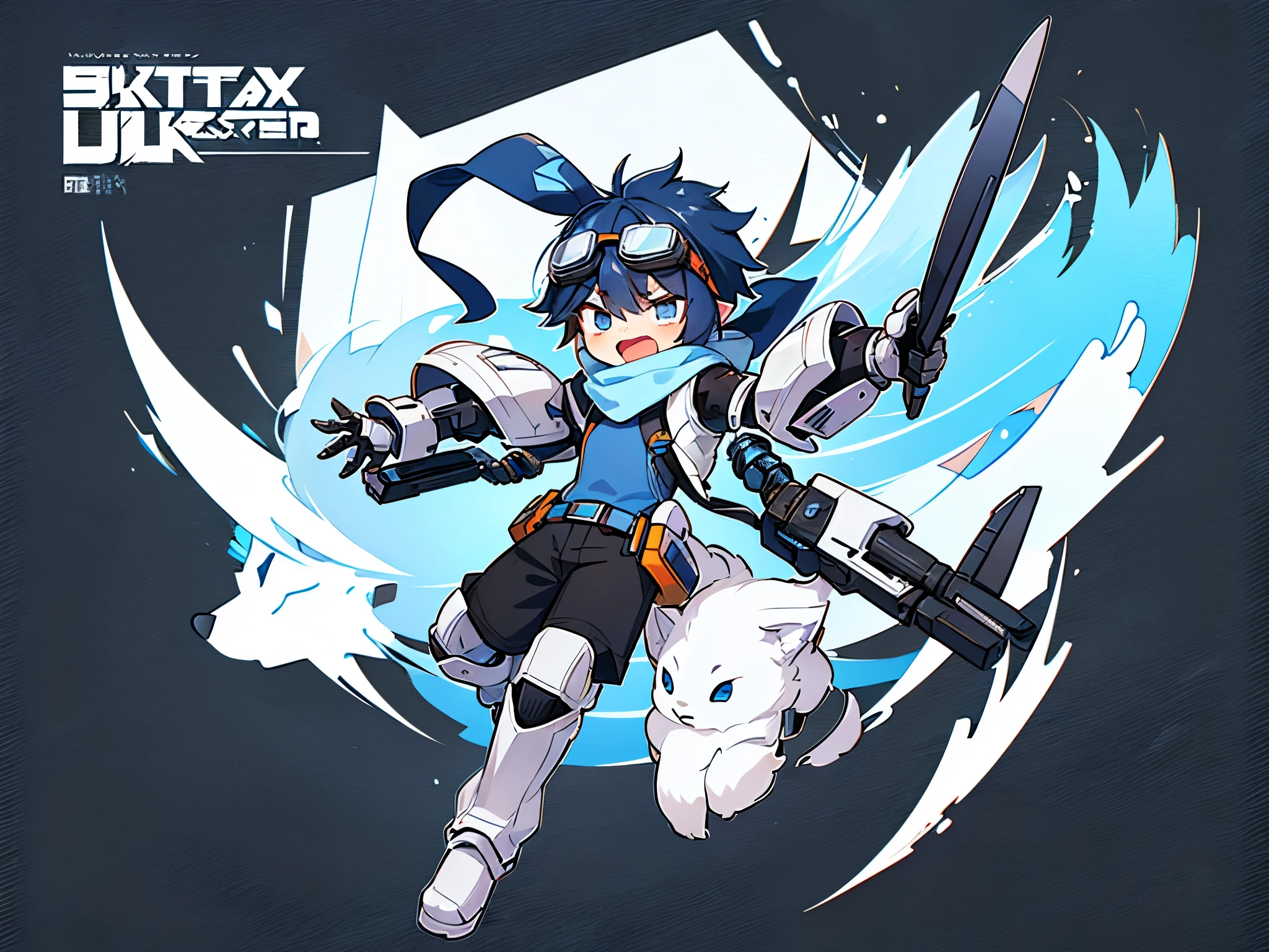 ((1 boy))，solo，illustration，wolf ears，((blue ski goggles on head)) , Open your mouth，angry ,(transparent background)，(Blue and white full body mechanical armor)，turtleneck bodysuit，scarf，white boots, anatomically correct，forward bend