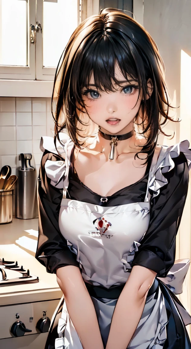 (masterpiece:1.2, highest quality), (realistic, photorealistic:1.4), beautiful illustrations,
looking at the viewer, whole body, Front view:0.6,
1 female, 20-year-old, Japanese, ((black hair、semi-long:1.6)), thin waist、beautiful hair, beautiful face, beautiful and detailed eyes, (shining eyes:1.3), beautiful clavicle, beautiful body, beautiful breasts, beautiful thighs, beautiful feet, beautiful fingers, perfect anatomy:1.3, perfect anatomy
(kitchen:1.3)
((blouse, apron, skirt, choker:1.6)),
((右手でskirtの裾を掴みます, put your left hand on your chest,)),
(Look at the viewer while blushing:1.3)