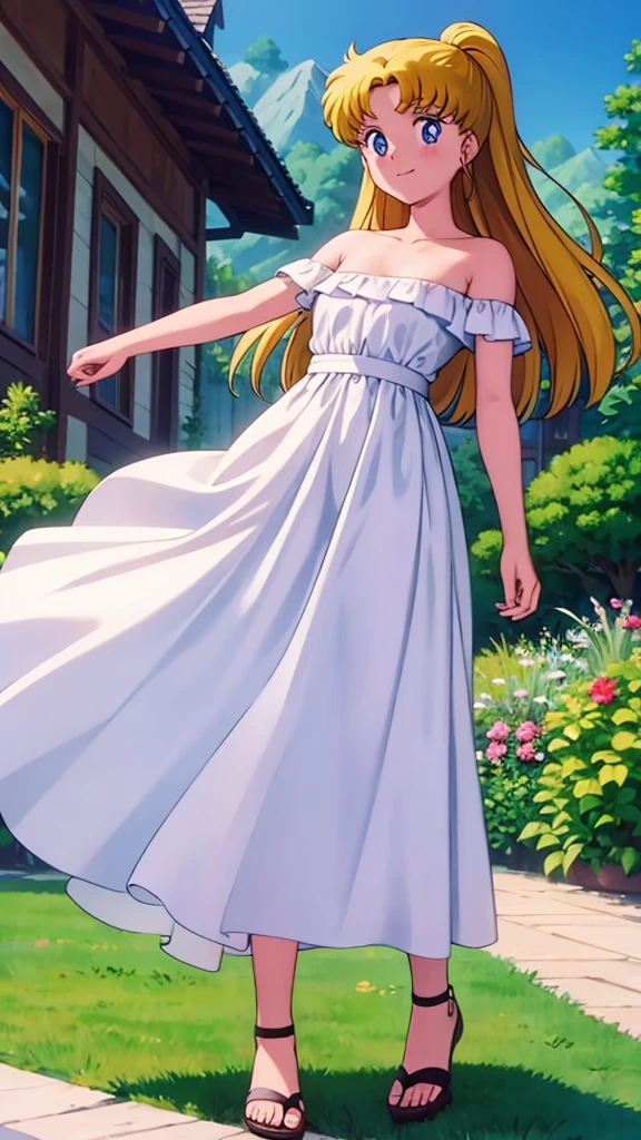 1990s \(style\), masterpiece, best quality, highres, outdoors, small breasts, 1 girl, Solo, UsagiTsukino, Blue Eyes, Beautiful Detail Eyes, Yellow Medium Hair, Straight Hair, Good hands are down, Smile, Blushing, Bare Neck, Bare Shoulders, strapless, White Ruffle Off-the-Shoulder maxi dress. Cowboy shot. A landscape of blue skies, a mountain, a far away mansion, a lake and a green valley. In the center. Walking in bare feets.