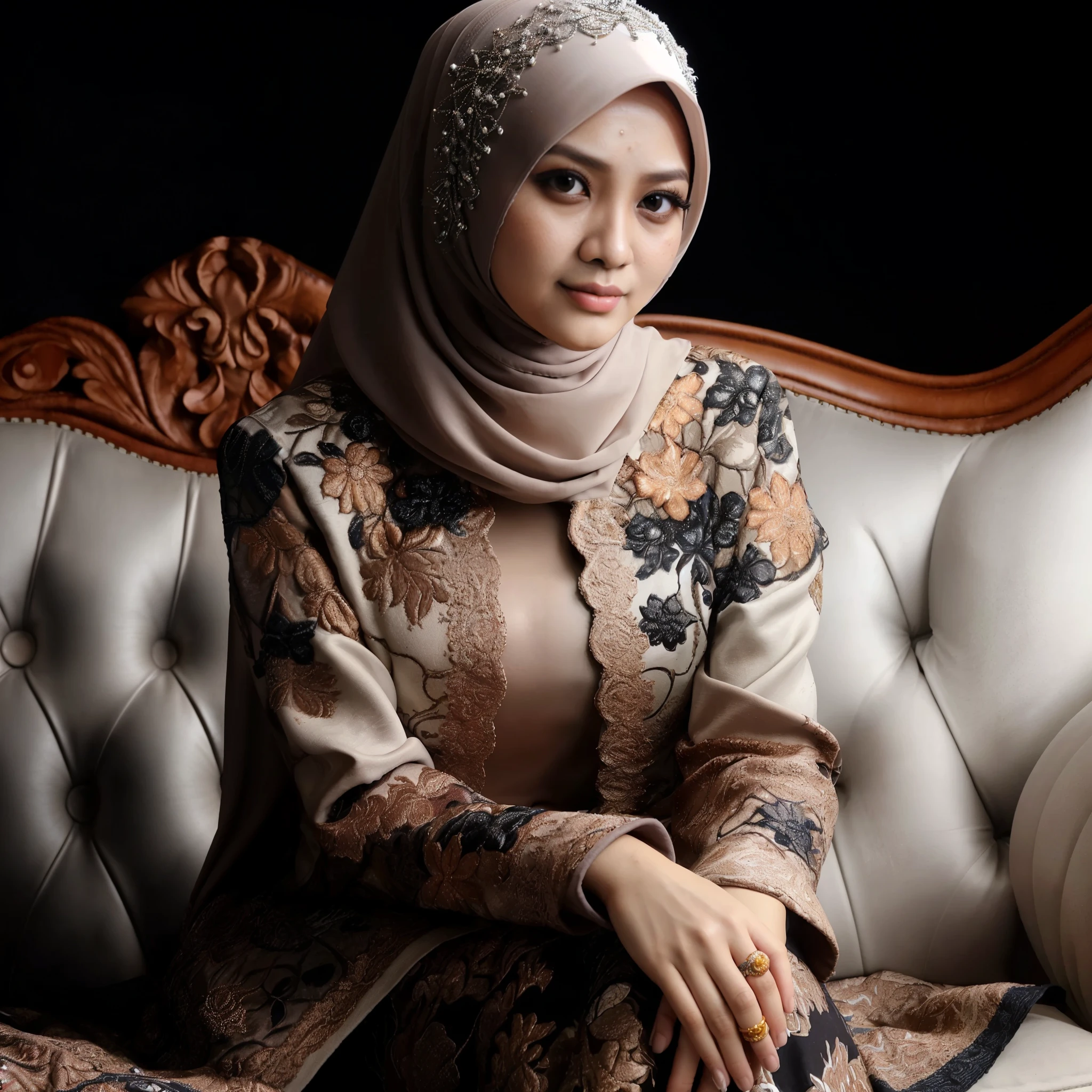 foto studio seorang wanita Indonesia umur 33 tahun memakai baju muslim berhijab dengan corak sama dengan baju, posisi duduk di sofa mewah, background hitam