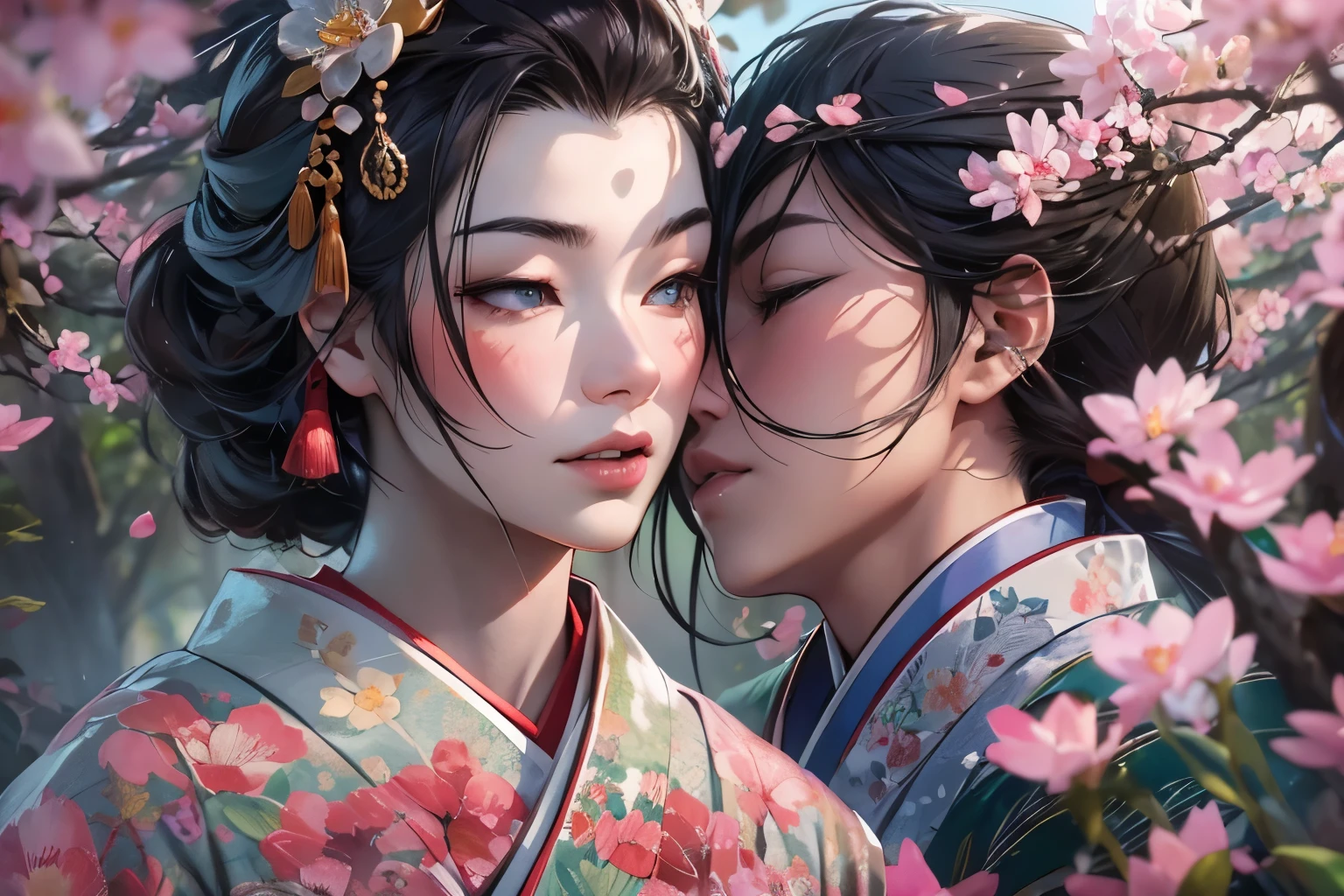 A samurai and a geisha kissing in a garden,illustration,beautiful detailed eyes,beautiful detailed lips,extremely detailed eyes and face,long eyelashes,traditional Japanese garden with meticulously trimmed bonsai trees,falling cherry blossom petals,serene atmosphere,(best quality,4k,8k,highres,masterpiece:1.2),ultra-detailed,(realistic,photorealistic,photo-realistic:1.37),vibrant colors,soft sunlight,peaceful ambiance,subtle shadows