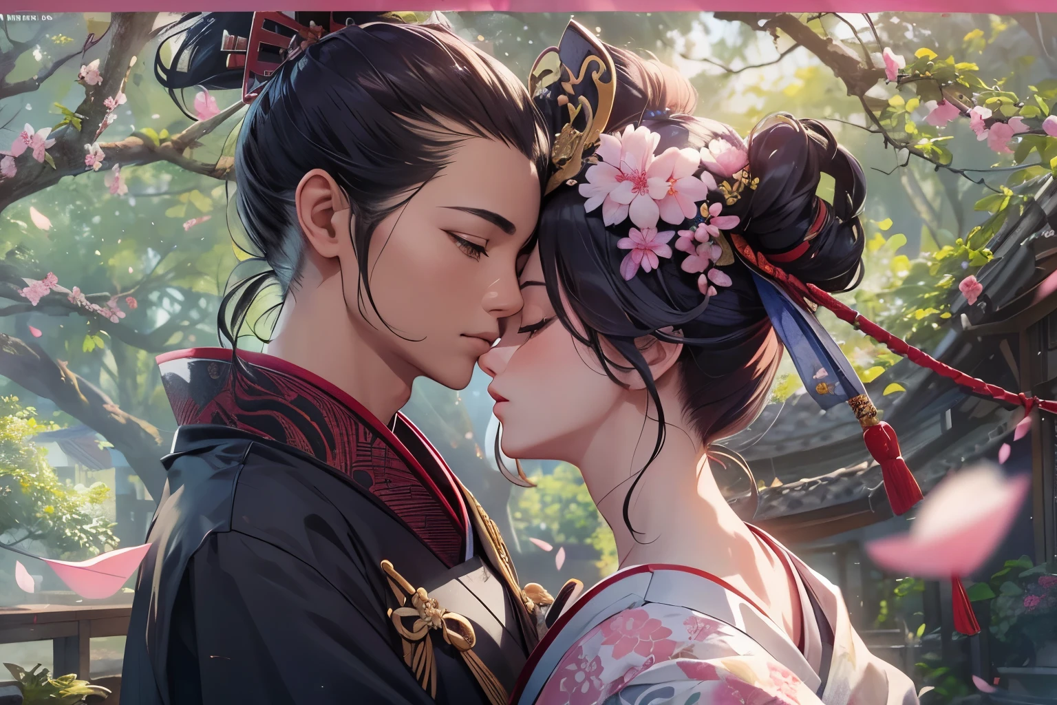 A samurai and a geisha kissing in a garden,illustration,beautiful detailed eyes,beautiful detailed lips,extremely detailed eyes and face,long eyelashes,traditional Japanese garden with meticulously trimmed bonsai trees,falling cherry blossom petals,serene atmosphere,(best quality,4k,8k,highres,masterpiece:1.2),ultra-detailed,(realistic,photorealistic,photo-realistic:1.37),vibrant colors,soft sunlight,peaceful ambiance,subtle shadows
