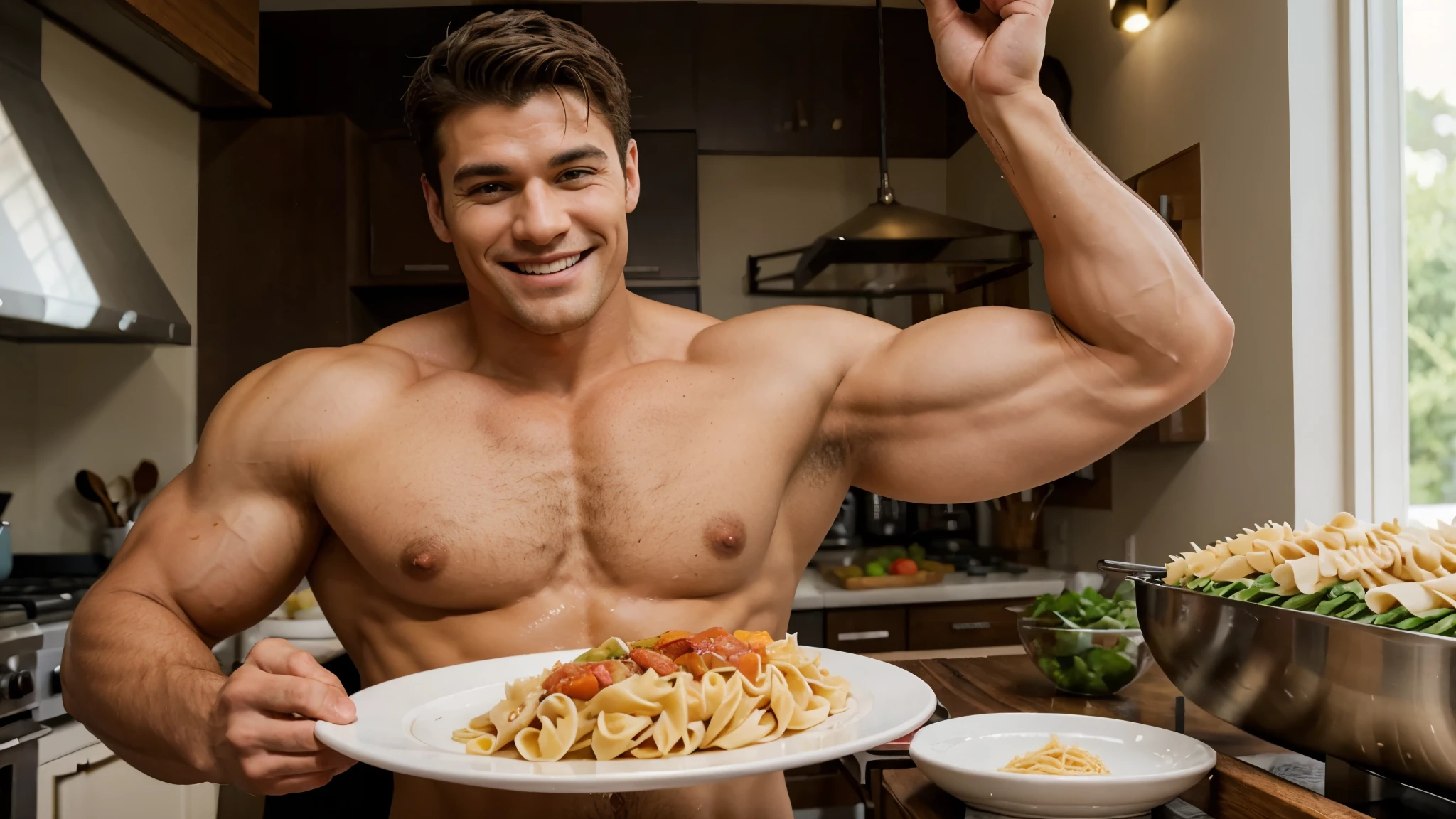 muscular man smiling and shirtless, very strong, holding a plate of pasta