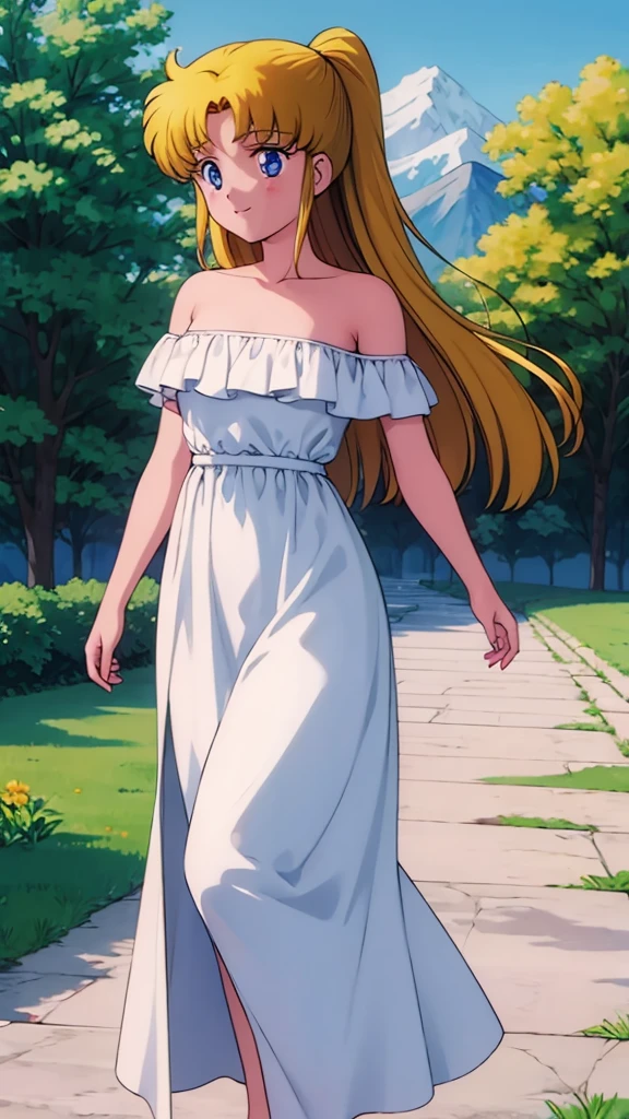 1990s \(style\), masterpiece, best quality, highres, outdoors, small breasts, 1 girl, Solo, UsagiTsukino, Blue Eyes, Beautiful Detail Eyes, Yellow Medium Hair, Straight Hair, Good hands are down, Smile, Blushing, Bare Neck, Bare Shoulders, strapless, White Ruffle Off-the-Shoulder maxi dress. Cowboy shot. A landscape of blue skies, a mountain, a far away mansion, a lake and a green valley. In the center. Walking in bare feets.
