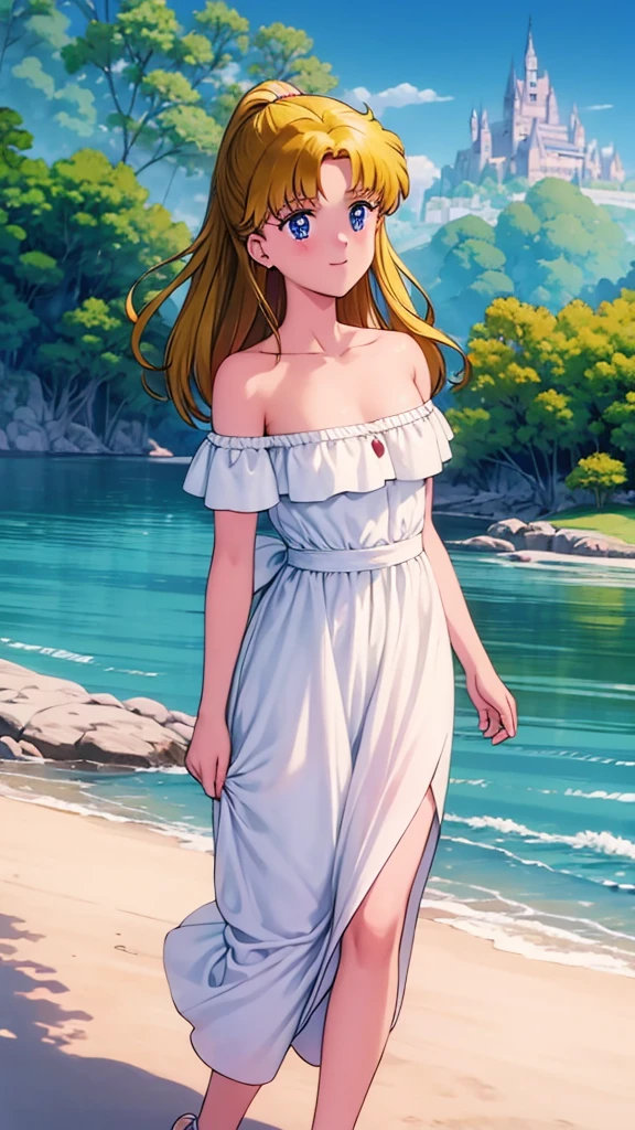 1990s \(style\), masterpiece, best quality, highres, outdoors, small breasts, 1 girl, Solo, UsagiTsukino, Blue Eyes, Beautiful Detail Eyes, Yellow Medium Hair, Straight Hair, Good hands are down, Smile, Blushing, Bare Neck, Bare Shoulders, strapless, White Ruffle Off-the-Shoulder maxi dress. Cowboy shot. A landscape of blue skies, a mountain, a far away mansion, a lake and a green valley. In the center. Walking in bare feets.
