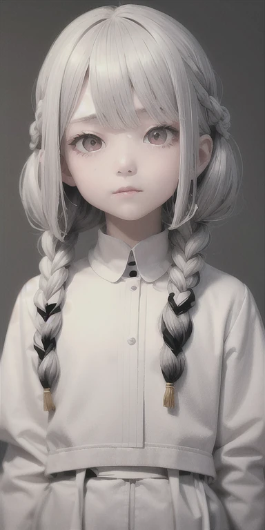 highest quality, masterpiece,gray hair, gold eyes,white clothes, look up, Upper body,bundle of hair,Fair skin,side braids,School