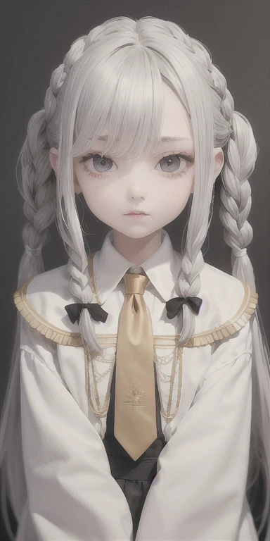 highest quality, masterpiece,gray hair, gold eyes,white clothes, look up, Upper body,bundle of hair,Fair skin,side braids,School