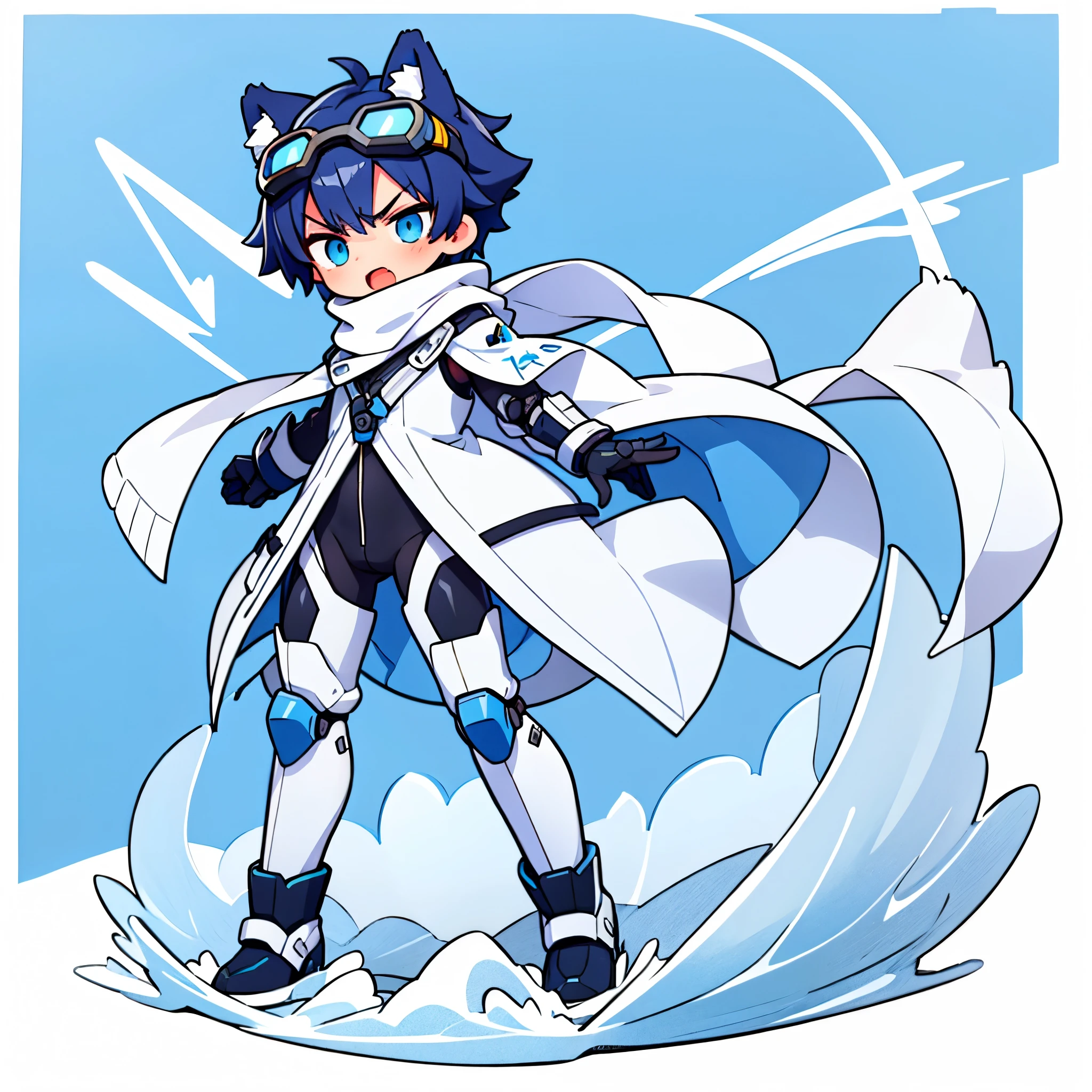 ((1 boy)),solo,illustration,wolf ears,black interweave blue hair,((blue ski goggles on head)) , Open your mouth,angry ,(transparent background),(Blue and white full body mechanical armor),turtleneck bodysuit,scarf,white boots, anatomically correct,forward bend