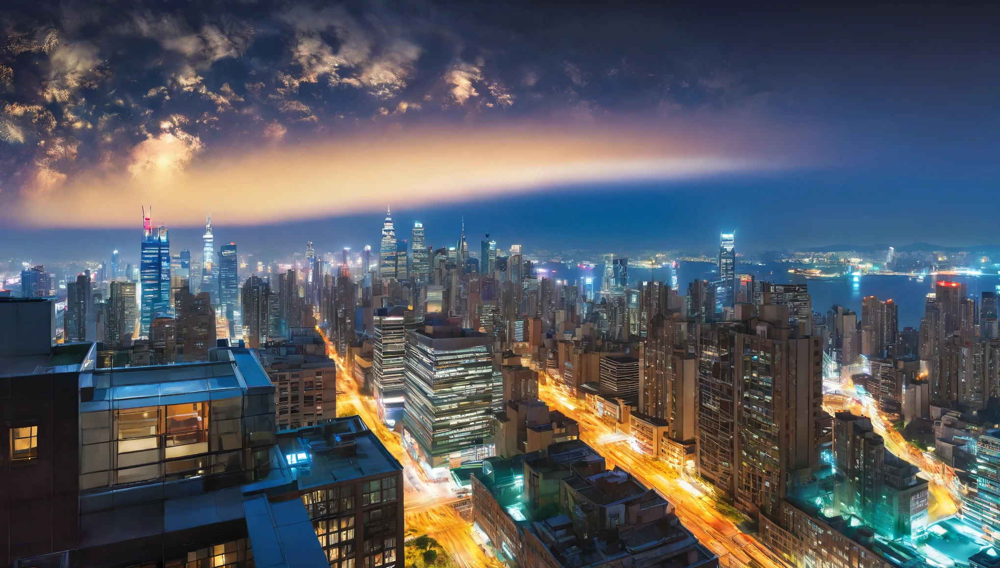 (a panoramic view of a bustling metropolis seen from a rooftop), vibrant city lights in the distance, skyscrapers illuminating the night sky, bustling streets below, people walking hurriedly, cars zooming past, a mix of modern and traditional architecture, a sense of energy and excitement, a warm color palette enhancing the urban atmosphere, soft rays of moonlight casting a dreamy glow, intricate details capturing the intricate beauty of the cityscape