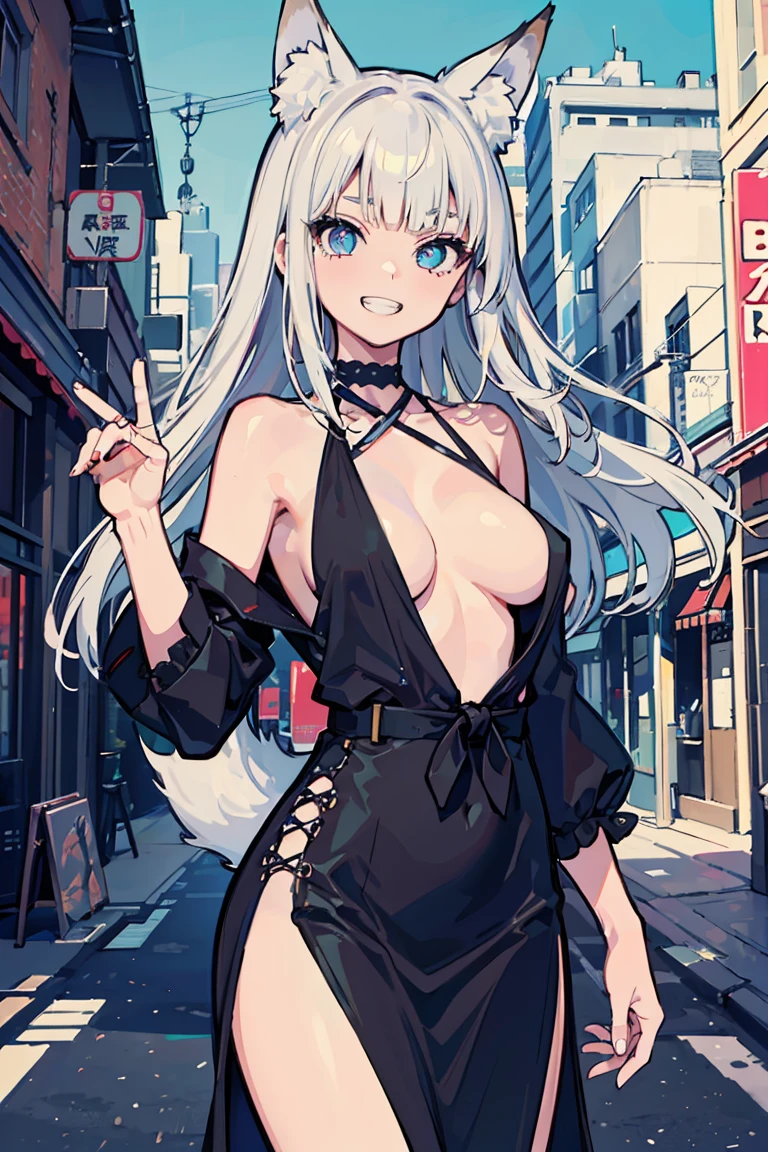 (1 girl), (fox girl), beast耳, (super high quality), masterpiece, cowboy shot, (tied hair), wild, beast, casual scene, relaxed atmosphere, She is wearing fashionable clothes, cute clothes, Street atmosphere, urban environment. perfect body, (E cup:1.2), grin and laugh, teeth, Fresh, (asymmetrical bangs:1.3),long hair, highly detailed face and eyes, long slit eyes, SF, (bare shoulders), digital art, beautiful, cinematic lighting, by Yusuke Murata.tonality, romanticism, modern art, Impressionism, reflected light, 8K, masterpiece, advanced details, highest quality, Only 5 fingers,accurate anatomy