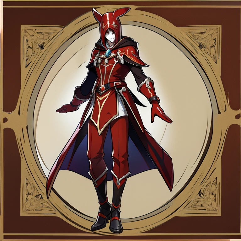 Concept ART , Human Male Adult  , red wearing jester Clothing , Full body ,Coat  hood