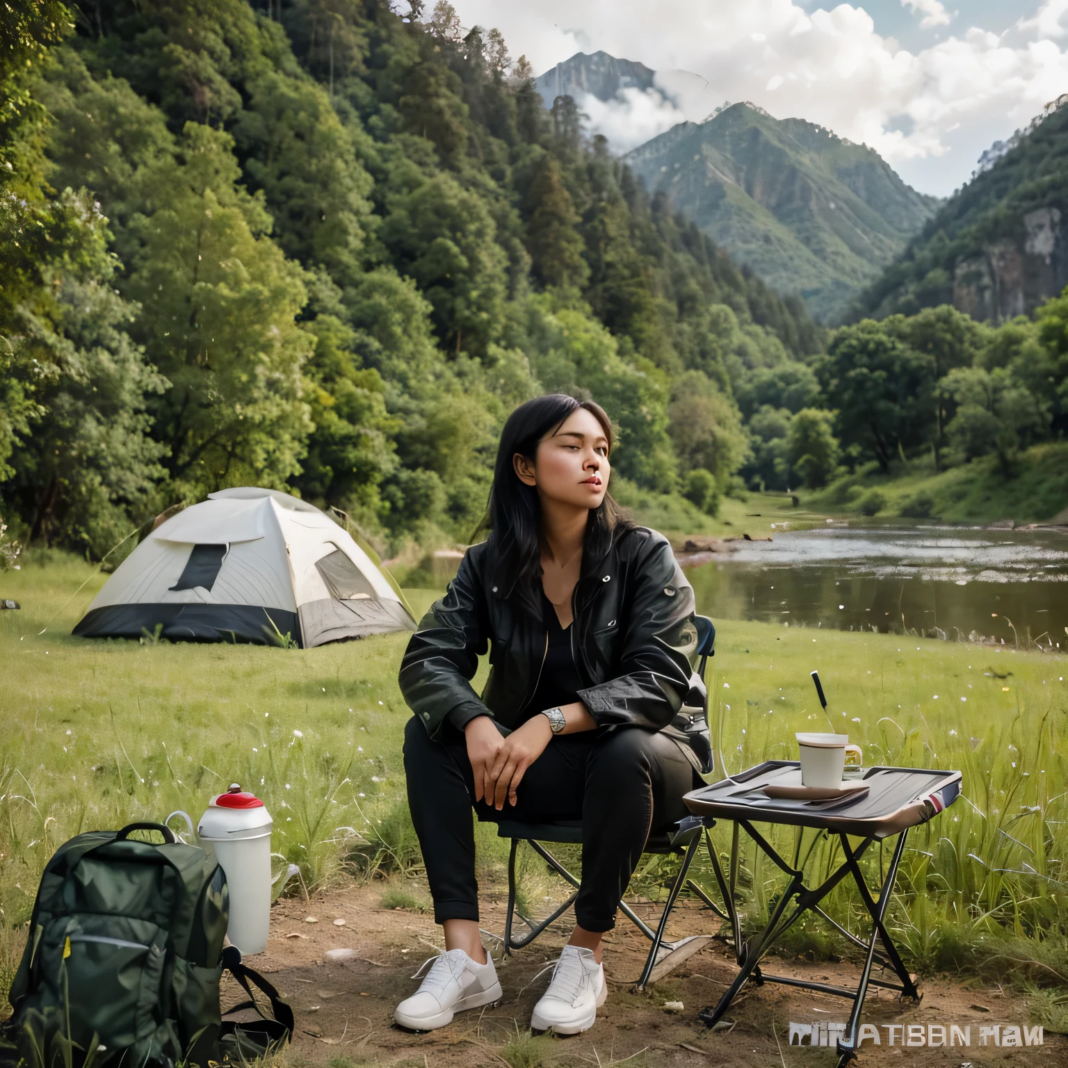 A beautiful Indonesian woman with medium black hair sits on a portable folding chair in front of a tent. She has a clean face and is wearing a black trucker jacket, black pants, and white shoes. In her hand, she holds a cup of hot coffee, while a thermos of hot water is placed on a portable folding table beside her. The scene is set on the banks of the American River, with vibrant green and fresh grass surrounding her. In the background, tall mountains covered in dense forests serve as a backdrop. The sky is adorned with white clouds, casting minimal light on the scene. The image is captured in ultra HD, showcasing the original photo with high detail and sharpness. The aesthetic of the image leans towards realism, with a photography style reminiscent of a Leica camera.