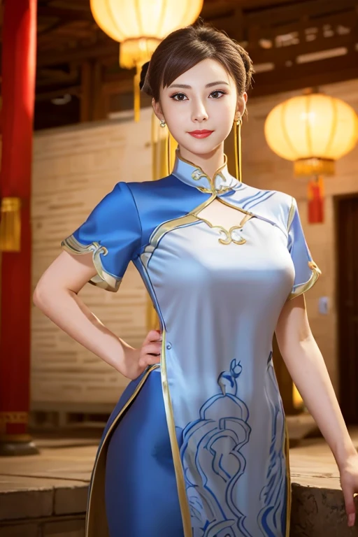 real image、masterpiece、1 beautiful girl、double eyelid、highest quality, 超High resolution, (reality: 1.4), movie lighting、asian beauty、super beautiful、beautiful skin、body turns forward、close up of face、(超reality的な)、(High resolution)、(8K)、(very detailed)、(beautiful and fine eyes)、(Super detailed)、 (wall-)、detailed face、bright lighting、professional lighting、looking at the viewer、look straight ahead、slanted bangs, perfect face, brown hair, medium hair、From SF6, smile, wide hips, muscular woman, ((big breasts))、Tight blue Chinese clothing, cleavage、slit、pantyhose,