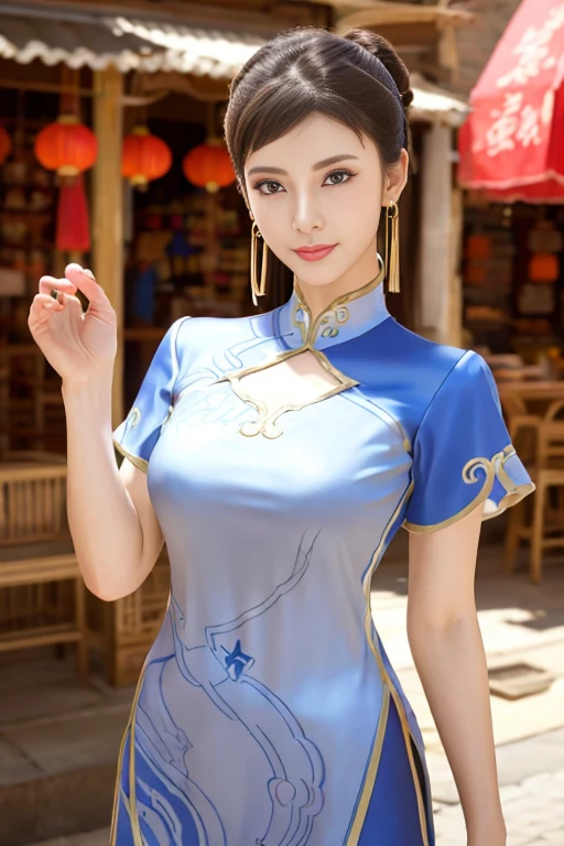real image、masterpiece、1 beautiful girl、double eyelid、highest quality, 超High resolution, (reality: 1.4), movie lighting、asian beauty、super beautiful、beautiful skin、body turns forward、close up of face、(超reality的な)、(High resolution)、(8K)、(very detailed)、(beautiful and fine eyes)、(Super detailed)、 (wall-)、detailed face、bright lighting、professional lighting、looking at the viewer、look straight ahead、slanted bangs, perfect face, brown hair, medium hair、From SF6, smile, wide hips, muscular woman, ((big breasts))、Tight blue Chinese clothing, cleavage、slit、pantyhose,