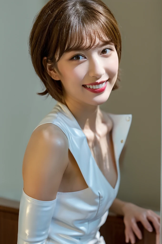 highest quality, Photoreal, alone, stand upright, (White latex material&Punk-style outfit featuring rivets)、(White genuine leather long boots、knee length)、(shortcut)、earrings、double eyelid, (eyelash:0.7)、lip gloss, (smile:1), ((looking at the viewer))、(normal breasts)、(The whole body is reflected)、((Are standing)), (short hair of reddish-brown color wet and shiny,),red mouth,clavicle、full body portrait、digital illustration, (Photoreal:1.3),(Raw photo) black hair, solid circle eye, light smile, brown hair, short hair, bob cut, I opened my eyes, surrealism, cast a shadow, anaglyph, stereogram, tachi-e, throw, atmospheric perspective, cinematic lighting, f/2.8, nikon, 8K, Super detailed, Accurate, highest quality, rough skin, anatomically correct, masterpiece ,masterpiece,highest quality, double eyelid,lip gloss, (smile:1),red mouth,clavicle, ((looking at the viewer)),(short hair of reddish-brown color wet and shiny,),hotel room、(The whole body is reflected)、(机の前にAre standing)、