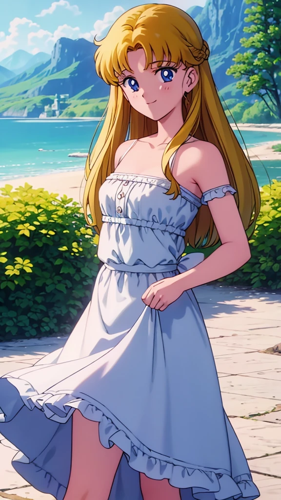 1990s \(style\), masterpiece, best quality, highres, outdoors, small breasts, 1 girl, Solo, UsagiTsukino, Blue Eyes, Beautiful Detail Eyes, Yellow Medium Hair, Straight Hair, Good hands are down, Smile, Blushing, Bare Neck, Bare Shoulders, strapless, White Ruffle Off-the-Shoulder maxi dress. Cowboy shot. A landscape of blue skies, a mountain, a far away mansion, a lake and a green valley. In the center. Walking in bare feets.