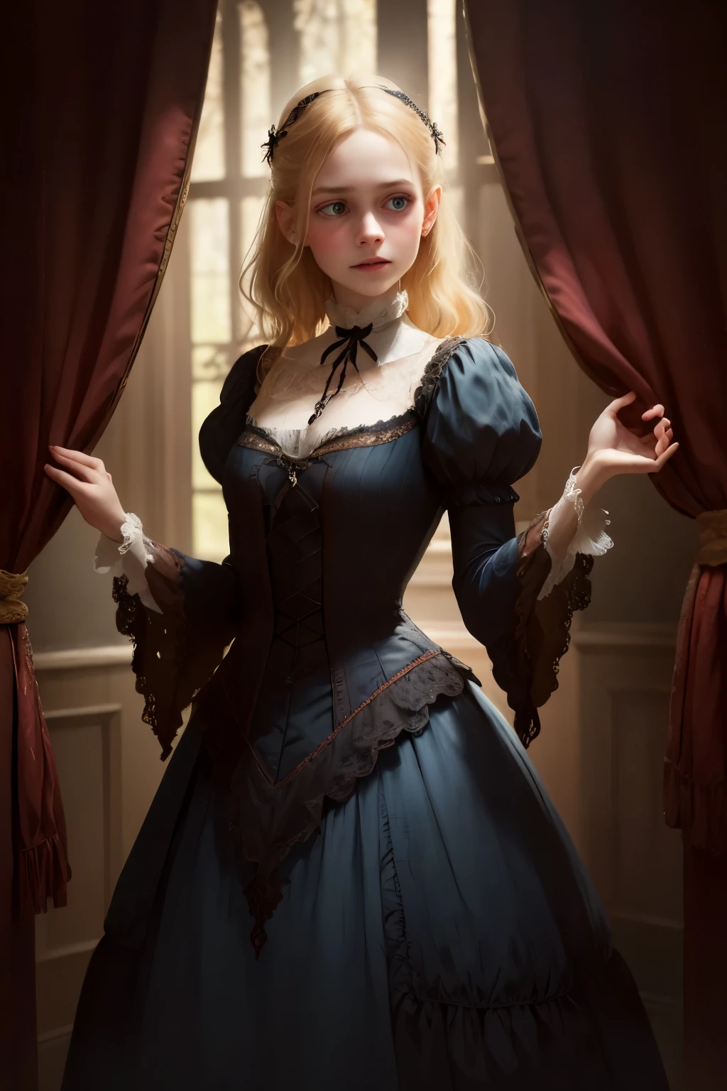 (best quality,realistic), ghostly encounter,classic literature,portraits,Victorian era,spooky atmosphere,creepy mansion,richly detailed backgrounds,haunting expressions,mysterious shadows,candlelit room,Virginia's flowing gown,subtle smiles,magic realism,ethereal beauty,wisps of ghostly apparitions,supernatural presence,intense gazes,subdued lighting,flickering candles,faded elegance,antique furniture,crimson drapes,sublime sorrow,transcendent artistry,translucent figures,heartfelt connection,gothic romance,emotional depth,unsettling silence,fleeting encounters,ethereal whispers,bittersweet revelation,sublime melancholy, llustration of  Virginia Otis blonde hair blue eyes youngest cute face, 
