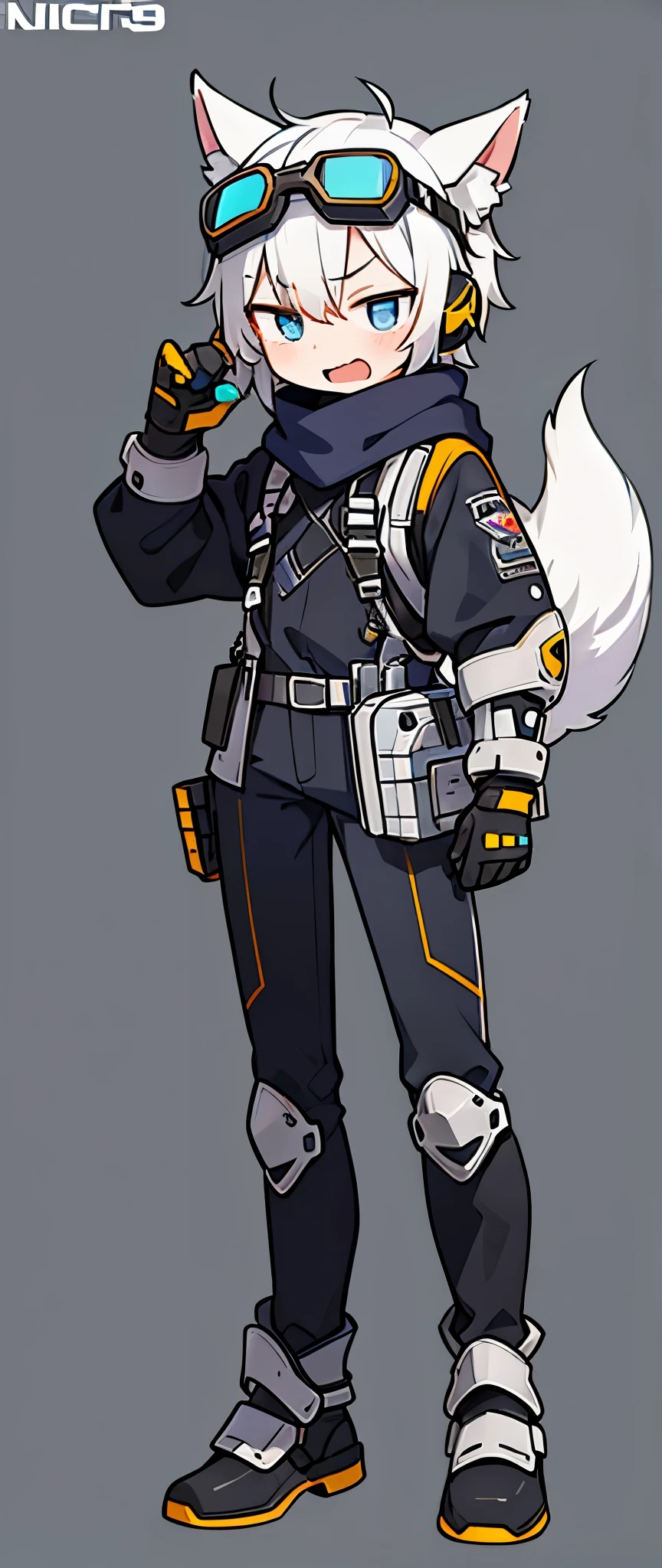 ((1 boy))，solo，illustration，wolf ears，headphones around neck，((blue ski goggles on head)) , Open your mouth，angry ,(transparent background)，(Blue and white full body mechanical armor)，turtleneck bodysuit，scarf，white boots, anatomically correct，forward bend，dakimakura，, science fiction