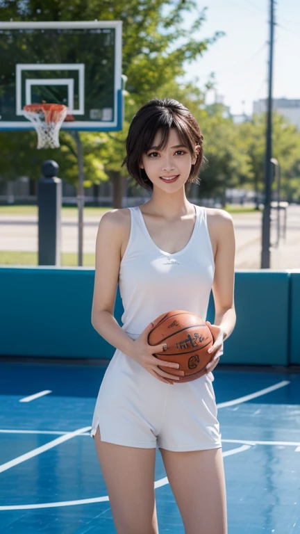 (8k, best quality, masterpiece: 1.2), (photo-realistic: 1.37), highly detailed, ultra-high resolution, professional lighting, photon mapping, radiosity, physically based rendering, cinematic lighting, basketball court, depth of field, sharp focus, sunlight, good composition, (bokeh:1.2) 1 naked girl, perfect anatomy, (full body view), very small breasts, detailed face, detailed eyes, perfect face, perfect fingers, smiling, standing pose, holding basketball, slim waist, short black hair (messy, floating in the wind), (ulzzang-6500:1.2) mix4, highbody