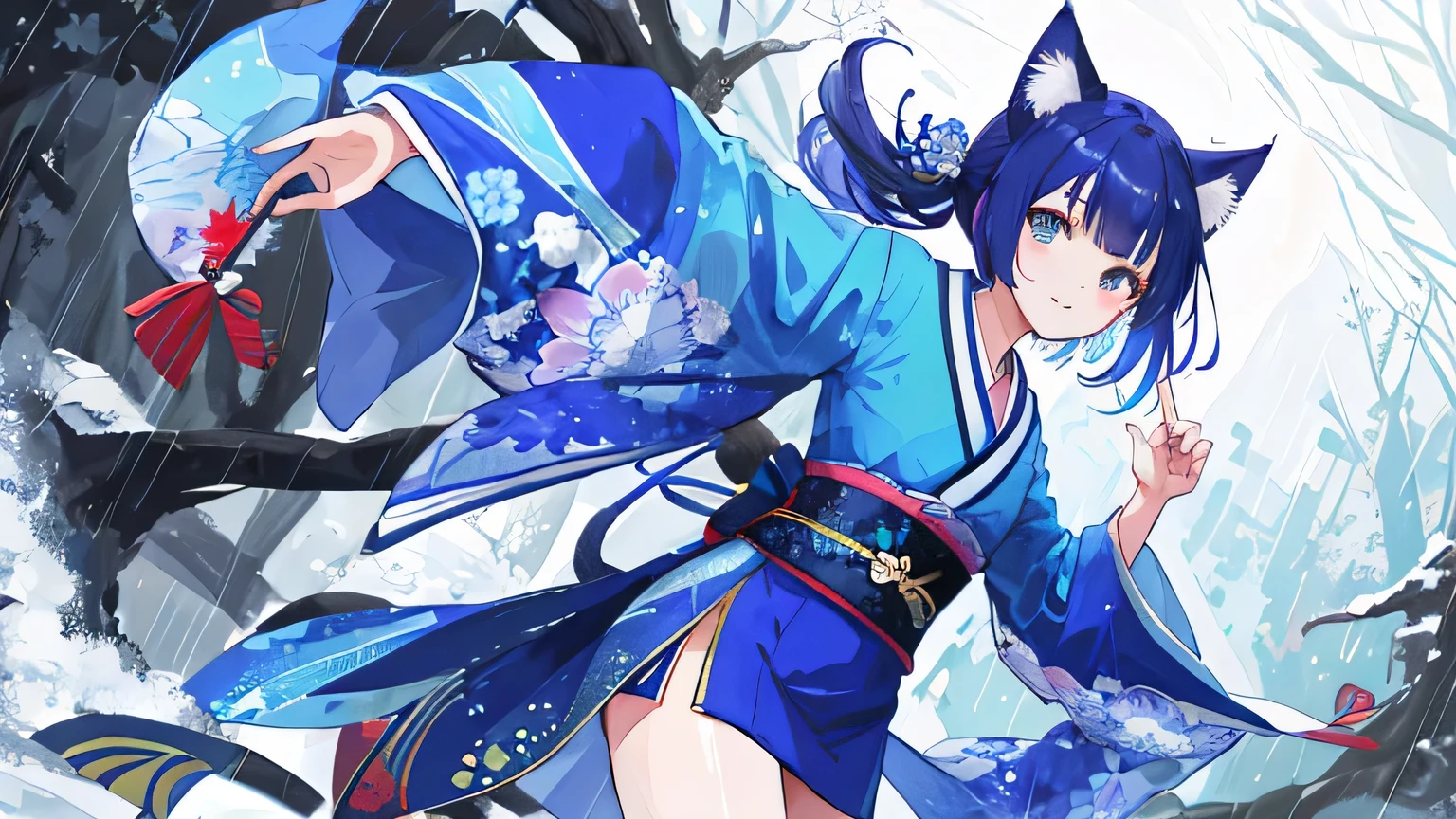 Animals dressed in blue kimono，hip hop, highest quality, ultra high resolution, girl, Cat ear, rain