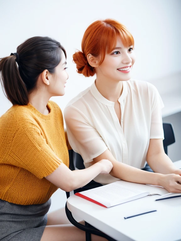 Two women in their 30s are having a meeting casual clothes Bright hairstyle bright look OL Real Skin Hall high resolution White background polite