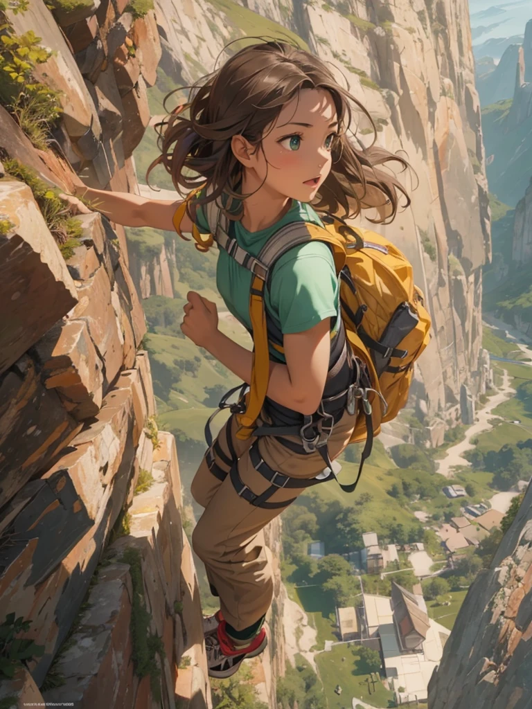 (we see her from above), ultra high definition, best quality, masterpiece, highres, ((colorful)), (saturated color), artstation, concept art, smooth, sharp focus, illustration, sport girl, Hyperrealism, small breast, small hips, detailed face, delicate face, focus on face, ((pov)), (30 years old), wide eyes, (green eyes), brown hair, (lightly muscled body), (climbing a cliff), ((climbing gear)), (lead climbing),