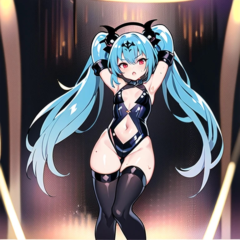 masterpiece, best quality, ultra-detailed, (perfect face, detailed face), 1girl, solo, 3D,volumetric lighting,(alice_(queen's_gate)),flat chest,red eyes,thighhighs,twintails,long hair,hair ornament,blue hair,huge ass,(spread legs wide:1),(arms behind head:1), indoor,full body view,slim waist,oiled skin, shiny skin, (strip_club_venue:1.6, stripper pole in foreground, female strippers in the background, UndergroundClub, moody background, dark background, spotlights on ceiling, on stage, stage curtains in background, race queen), sweating,ultra glossy skin,