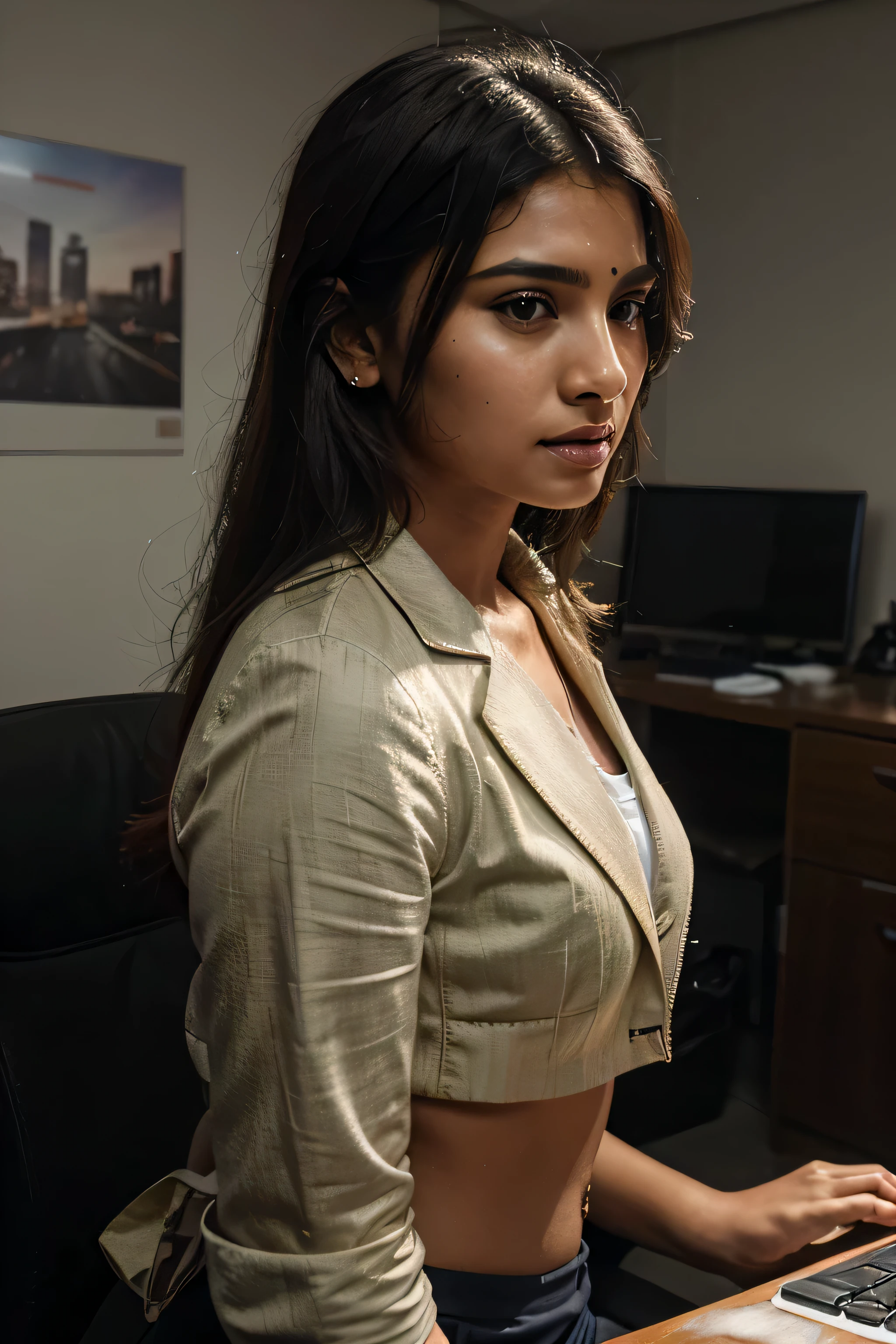 very cute india girl, 18yo, tiny, anorexic, very skinny, very small breast, smiling, black suit, white shirt, in the in the office, very crowded, 4k, 8k, highres, best quality, realistic