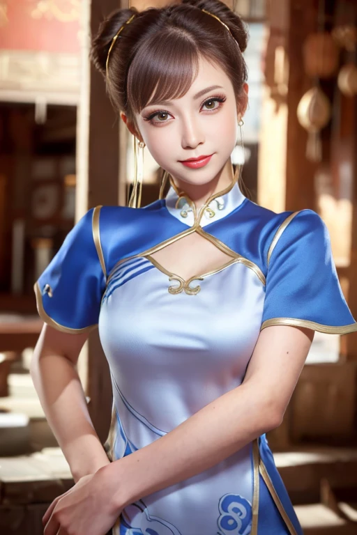((top-quality、8K、masterpiece:1.3)), (a pixie cut,Brown hair:1.5), (Cute pattern in gold leaf, Delicate workmanship, hair adornments, Blue and white shiny cloth:1.4, qipao dress:1.5), Clear, Fine-grained skin、Beautiful clear eyes、cleavage of the breast、Carefree and natural smile、(Hair disheveled in the wind:1.3)、、Beautiful girl with a smile、(thin-waist:1.3)、(Dynamic and provocative poses:1.2)、