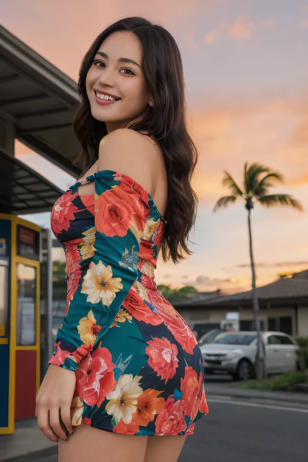 (ultra quality:1.2), HDR, nikon, photograph beautiful woman, hawaii sunset, bus stop, (big breasts:0.8), (eye-contact:0.8), (happy smile:0.8), fit, (long hair:0.7), floral print, mmdsy, micro mini dress, bare shoulders, long sleeves
