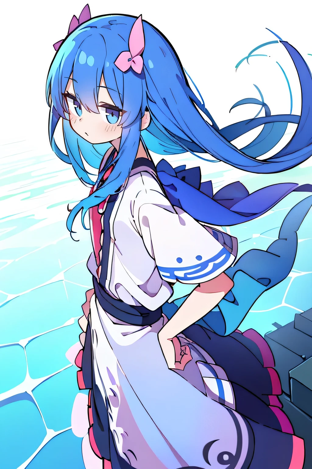 (masterpiece),best quality, expressive eyes, perfect face, 1girl,
Put your hands on your waist,fair, Gorgeous,Japanese cartoons,girl,lola,Hina Angel, blue hair, blue haired, floating clothes,Grab your waist, Grab your waist, hands on hips , hands on hips,flat chest,Lie in the pool,lake,Lie on the ground,