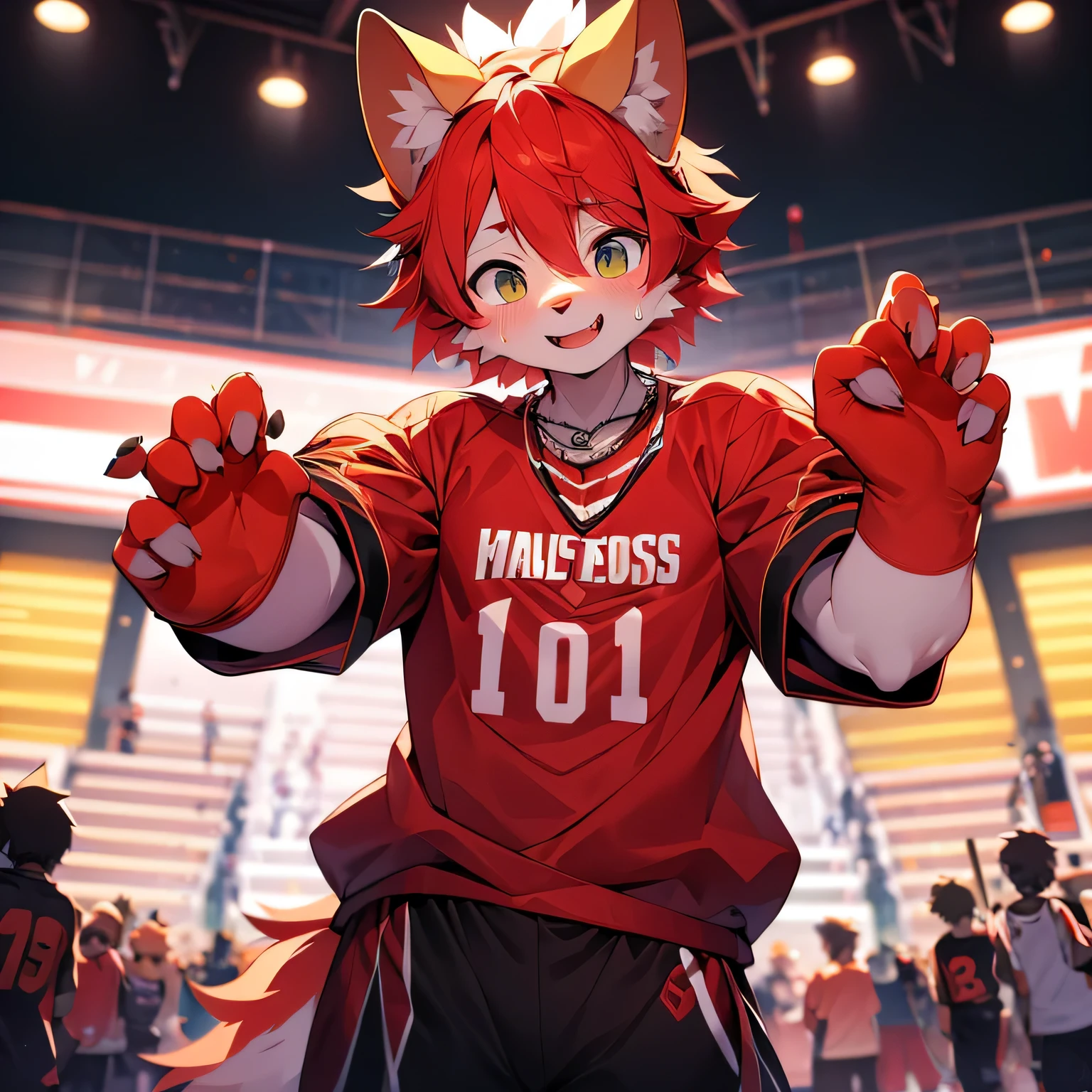 youth,Shota,red hair ,male, stand up, Masterpiece, high resolution,8K,Detailed background,high quality, boys,looking at the audience,perspective,View from the front,shorter pants,Male Focus,Wolf's facial features,character boy,Wearing a necklace,Stand on the basketball court,sweating,happy smile,Basketball costumes